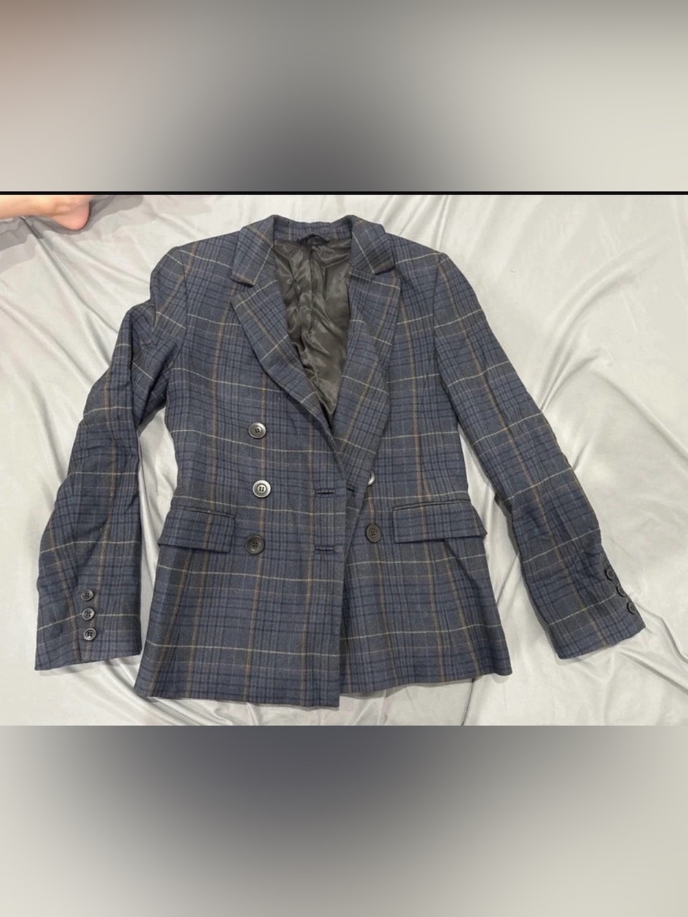 & Other Stories Navy Plaid Double-Breasted Blazer